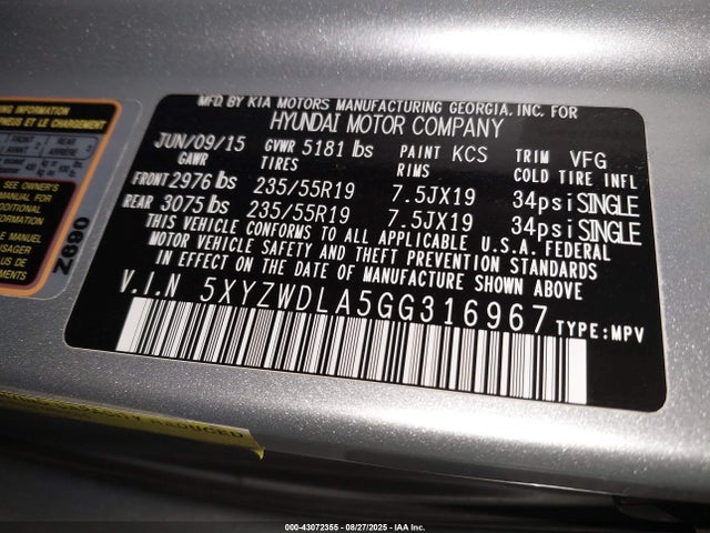 5XYZWDLA5GG316967 Hyundai t-gdi theta ii