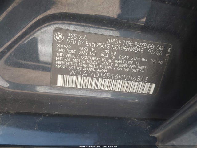 Aukcja sprzedaży 2006 Bmw 325xi, vin: WBAVD13546KV06853, numer aukcji: 43072385