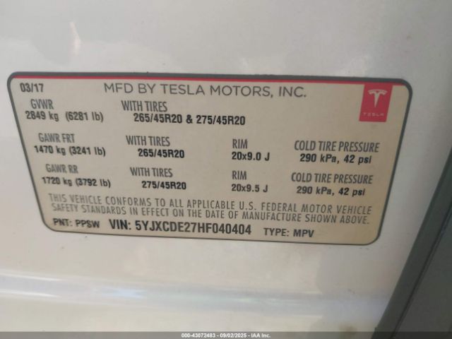 2017 TESLA MODEL X 5YJXCDE27HF040404 Photo 8