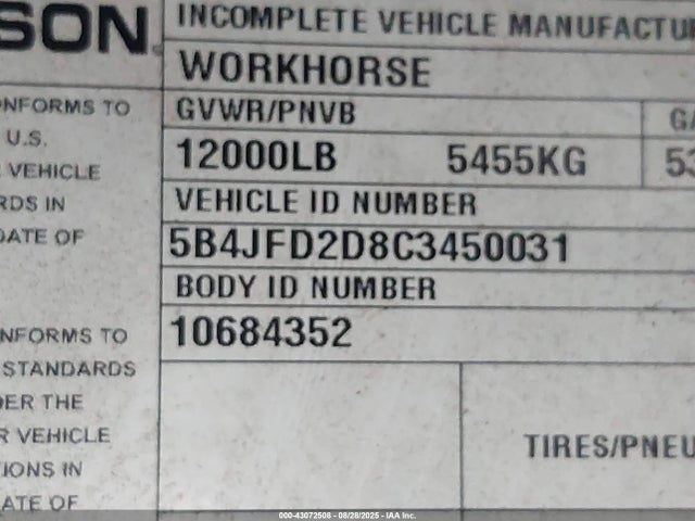 Продаж на аукціоні авто 2012 Workhorse Custom Chassis Commercial Chassis W42, vin: 5B4JFD2D8C3450031, номер лоту: 43072508
