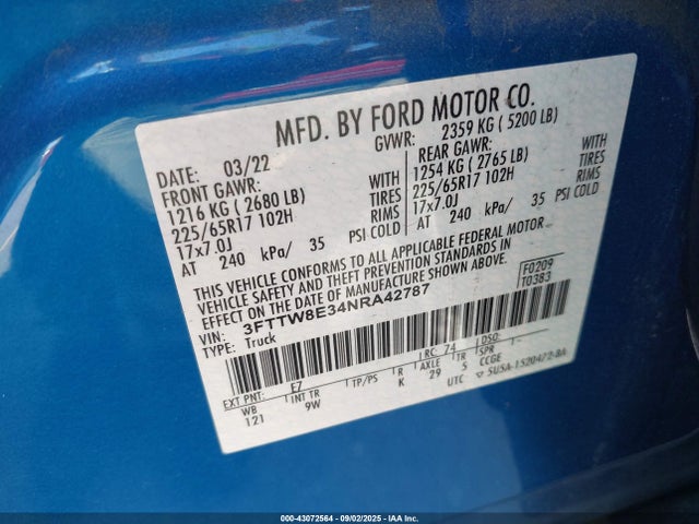 Ford hybrid 2022 3FTTW8E34NRA42787 Image 9