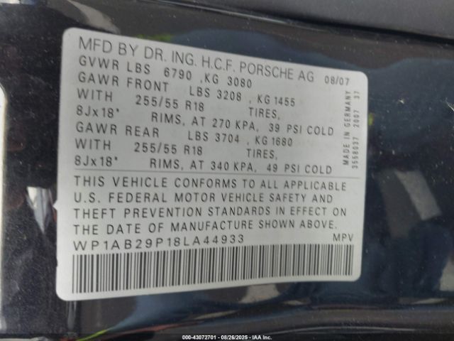 2008 PORSCHE CAYENNE WP1AB29P18LA44933 Photo 8