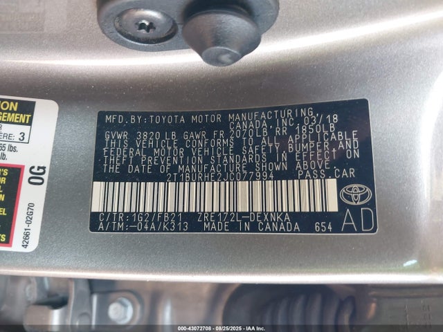 Toyota 2zr-fe 2018 2T1BURHE2JC077994 Image 9