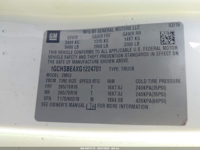 1GCHSBEAXG1224701 Chevrolet lcv - sidi; dcvcp; vvt; e85 max, e0-e100, alum