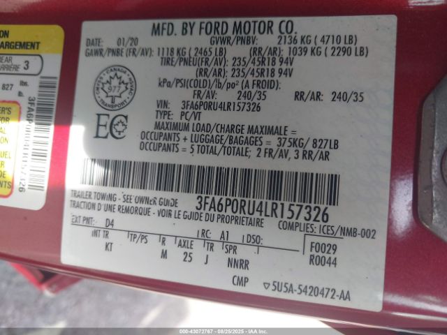 2020 FORD FUSION HYBRID 3FA6P0RU4LR157326 Photo 8