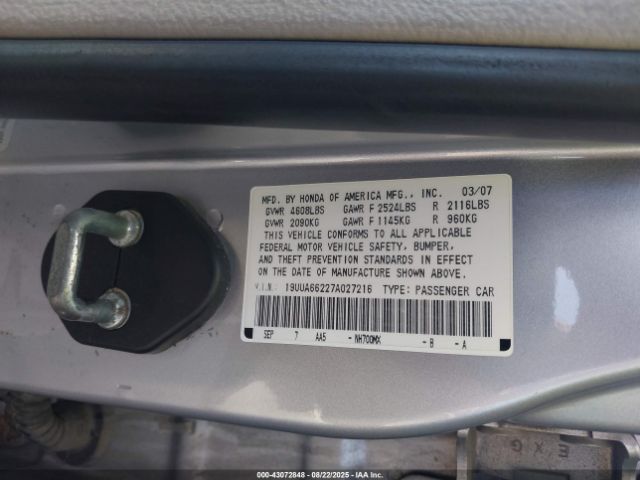 2007 ACURA TL 19UUA66227A027216 Photo 8