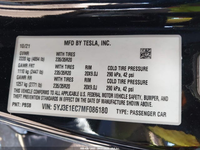 2021 TESLA MODEL 3 5YJ3E1EC7MF086180 Photo 8