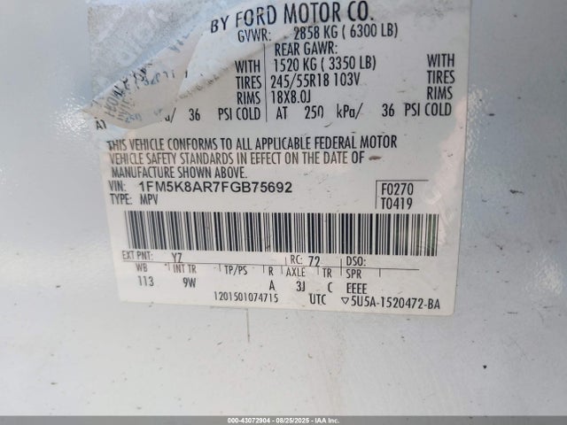 Ford 2015 2015 1FM5K8AR7FGB75692 Image 9