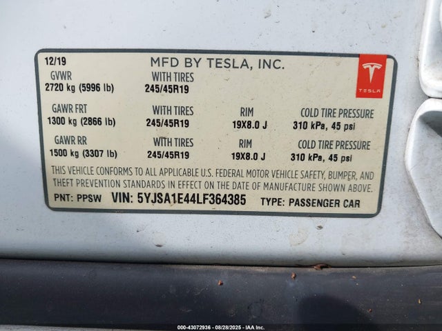 2020 TESLA MODEL S 5YJSA1E44LF364385 Photo 8