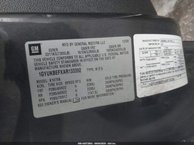 2010 CADILLAC ESCALADE 1GYUKBEFXAR133392 Photo 8