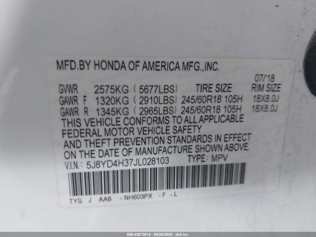 2018 ACURA MDX 5J8YD4H37JL028103 Photo 8