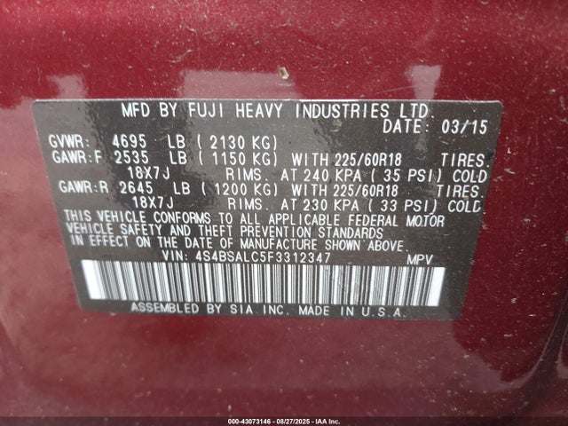 4S4BSALC5F3312347 Subaru 2.5l u5