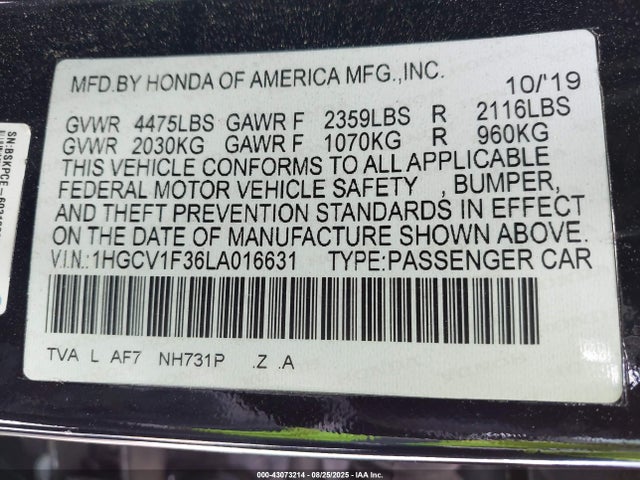 1HGCV1F36LA016631 Honda l15be