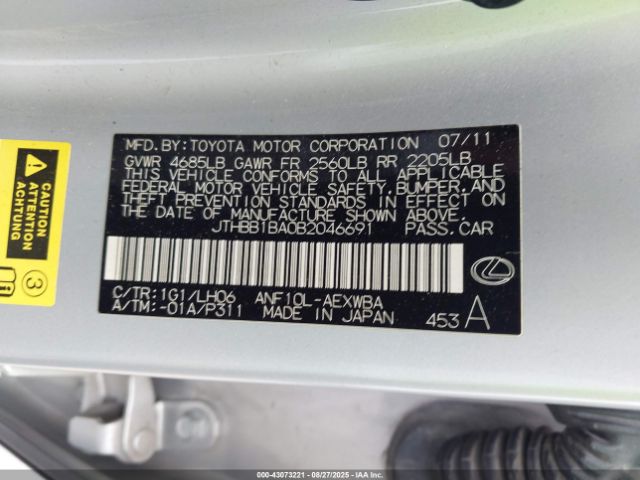2011 LEXUS HS 250H JTHBB1BA0B2046691 Photo 8