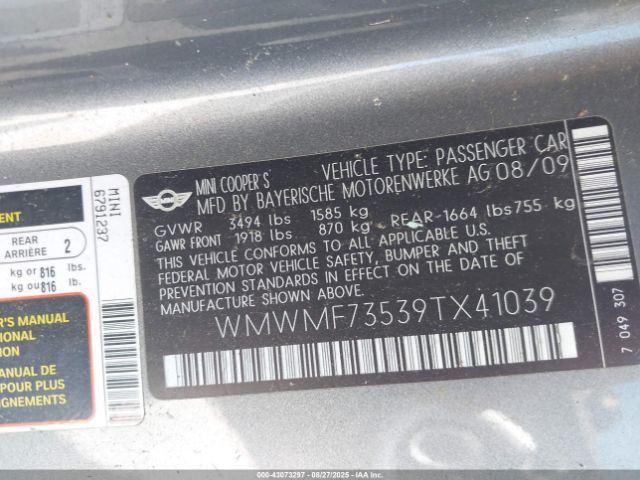 2009 MINI COOPER S WMWMF73539TX41039 Photo 8