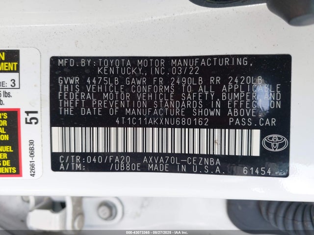 4T1C11AKXNU680162 Toyota a25a-fks