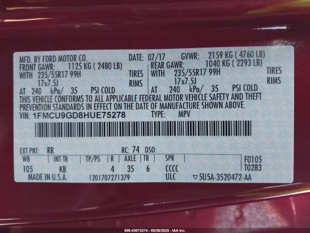 1FMCU9GD8HUE75278 Ford gtdi sigma w/premium fuel