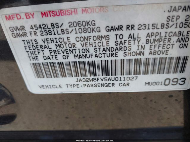 2010 MITSUBISHI LANCER EVOLUTION JA32W8FV5AU011027 Photo 8