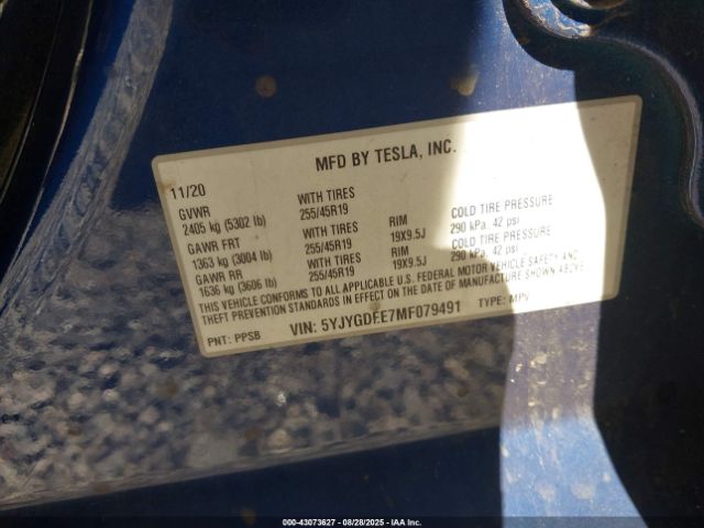 2021 TESLA MODEL Y 5YJYGDEE7MF079491 Photo 8