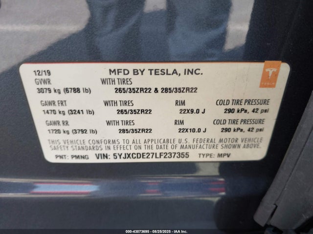 2020 TESLA MODEL X 5YJXCDE27LF237355 Photo 8