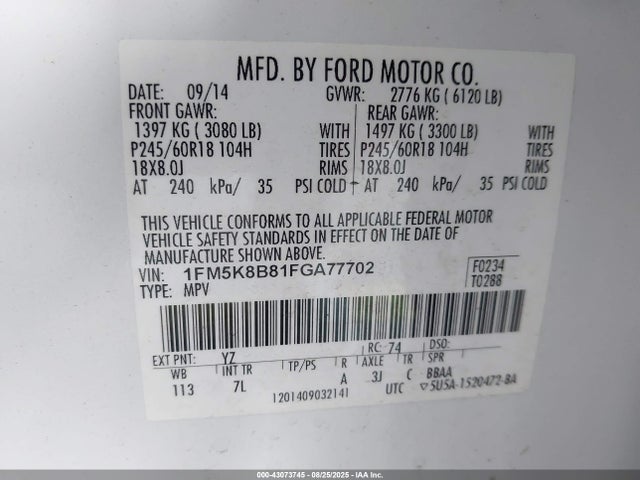 Ford 2015 2015 1FM5K8B81FGA77702 Image 9
