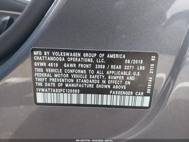 2015 Volkswagen Passat 1.8t Limited Edition მანქანა იყიდება აუქციონზე, vin: 1VWAT7A32FC120383, აუქციონის ნომერი: 43073754
