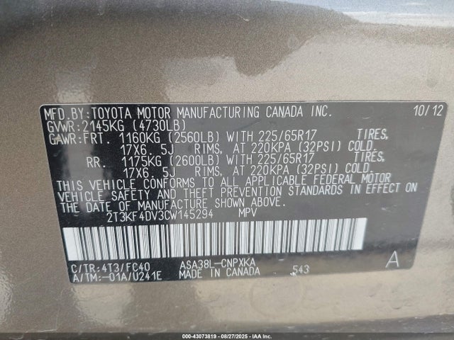 Aukcja sprzedaży 2012 Toyota Rav4, vin: 2T3KF4DV3CW145294, numer aukcji: 43073819