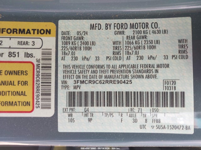 Продажа на аукционе авто 2024 Ford Bronco Sport Outer Banks, vin: 3FMCR9C62RRE90425, номер лота: 43073860
