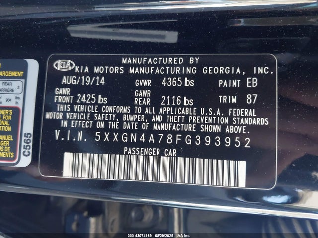 43074169 :رقم المزاد ، 5XXGN4A78FG393952 vin ، 2015 Kia Optima Ex مزاد بيع