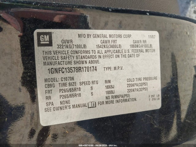 2008 CHEVROLET TAHOE HYBRID 1GNFC13578R170174 Photo 8