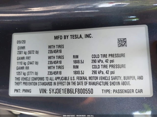 2020 TESLA MODEL 3 5YJ3E1EB6LF800550 Photo 8