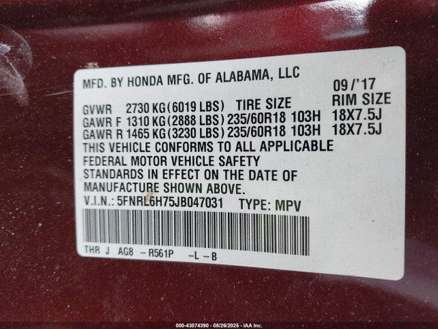 5FNRL6H75JB047031 Honda j35y7