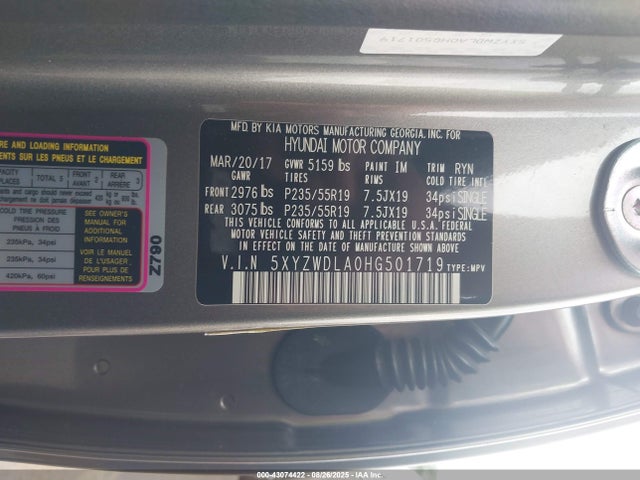 5XYZWDLA0HG501719 Hyundai t-gdi theta ii