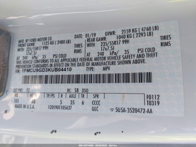 2019 FORD ESCAPE 1FMCU9GD3KUB04410 Photo 8