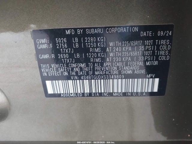 Subaru u4 2025 4S4BTGUDXS3149809 Image 9
