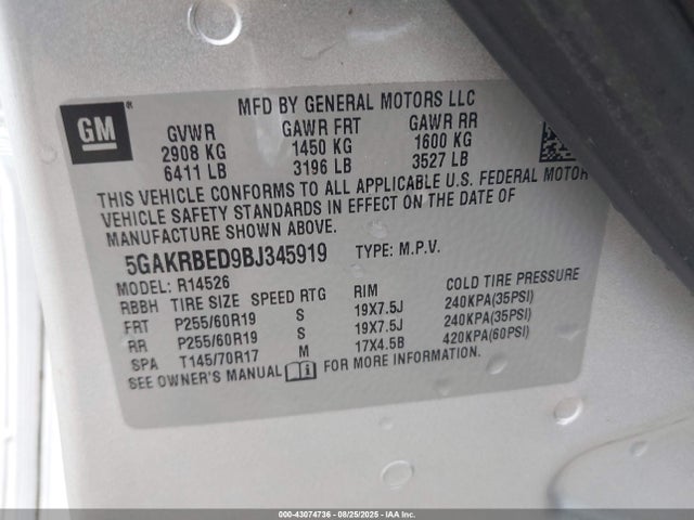 Aukcja sprzedaży 2011 Buick Enclave 1xl, vin: 5GAKRBED9BJ345919, numer aukcji: 43074736