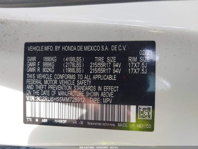 3CZRU6H55MM728912 Honda r18z9