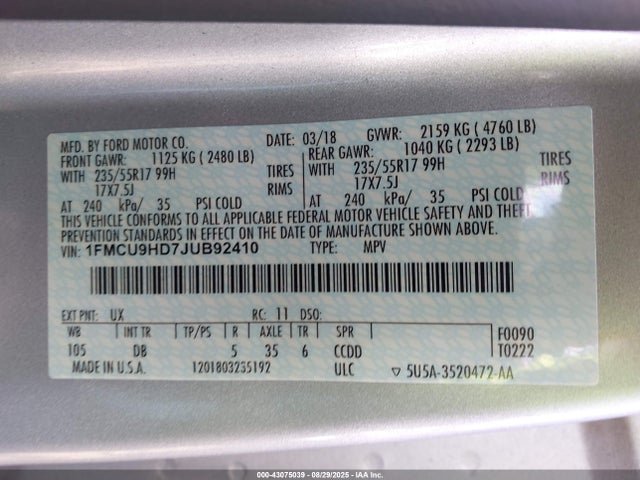 1FMCU9HD7JUB92410 Ford 1.5l gtdi sigma w/premium fuel