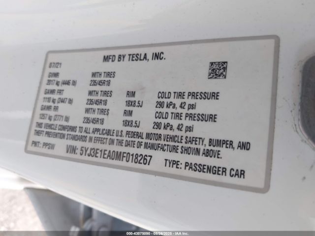 2021 TESLA MODEL 3 5YJ3E1EA0MF018267 Photo 8