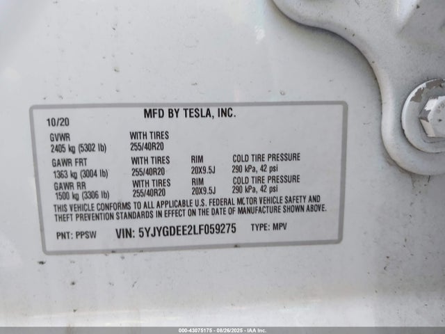 2020 TESLA MODEL Y 5YJYGDEE2LF059275 Photo 8