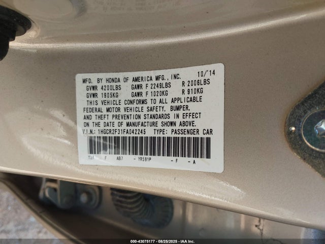 Aukcja sprzedaży 2015 Honda Accord Lx, vin: 1HGCR2F31FA042245, numer aukcji: 43075177
