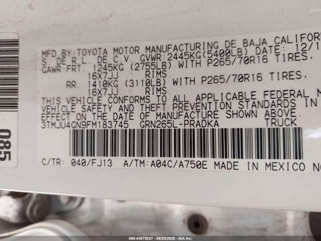 3TMJU4GN9FM183745 Toyota 1gr-fe