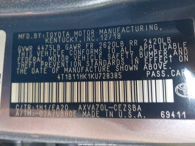 4T1B11HK1KU728385 Toyota a25a-fks