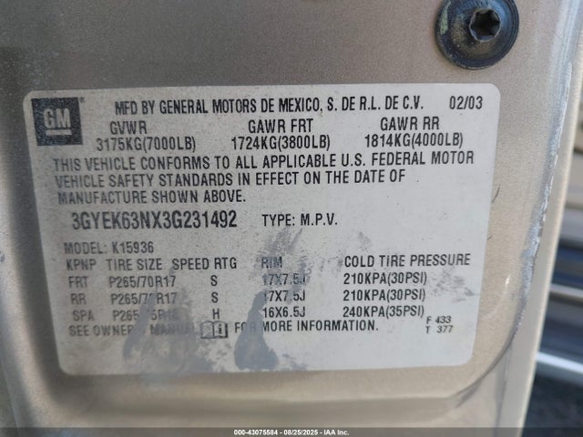 2003 CADILLAC ESCALADE EXT 3GYEK63NX3G231492 Photo 8