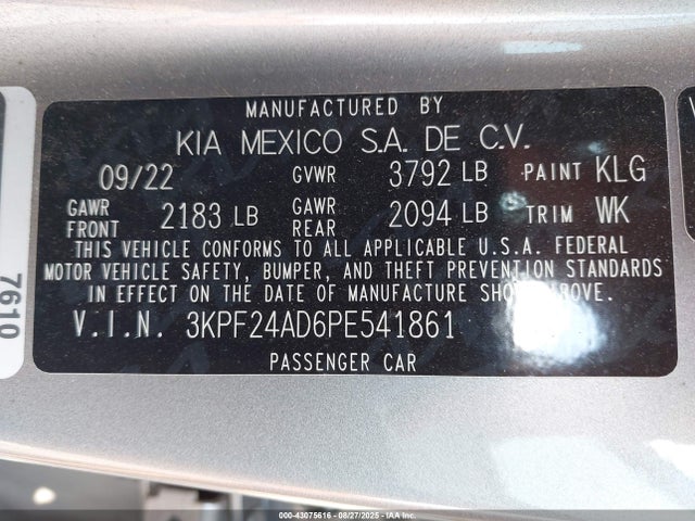 3KPF24AD6PE541861 KIA mpi nu