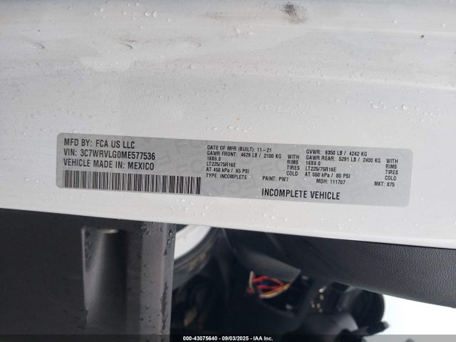43075640 :رقم المزاد ، 3C7WRVLG0ME577536 vin ، 2021 Ram Promaster 3500 Cutaway Low Roof مزاد بيع