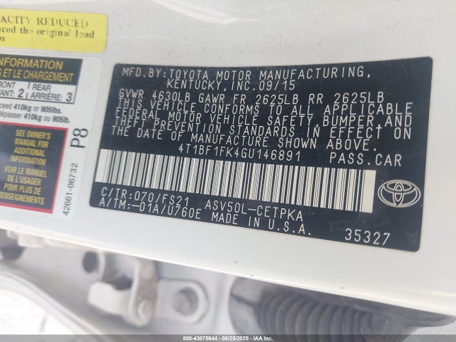 Toyota 2ar-fe 2016 4T1BF1FK4GU146891 Image 9