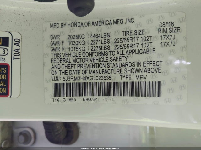 5J6RM3H4XGL023535 Honda k24w9