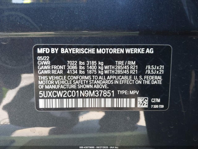 5UXCW2C01N9M37851 BMW X7