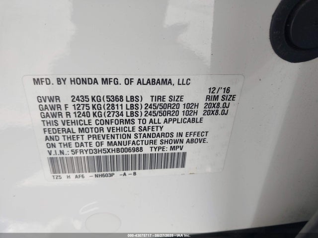 Acura j35y5 2017 5FRYD3H5XHB006988 Image 9